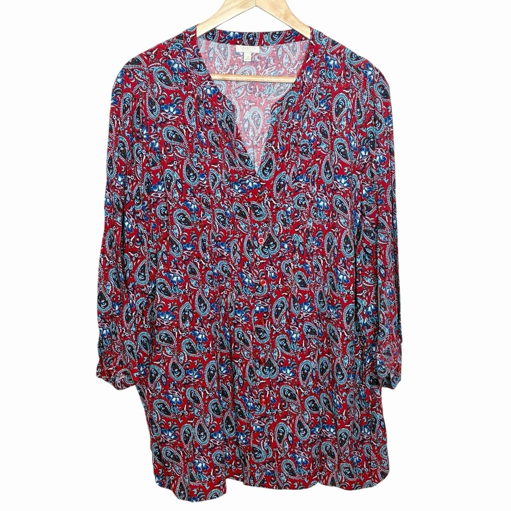 Talbots Paisley Print Top Red Blue Womens Size 2X Button Up Colorful Career Work
